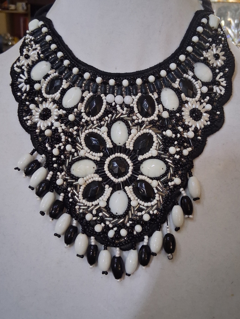 Black & White Beaded Floral Bib Necklace - Unbranded